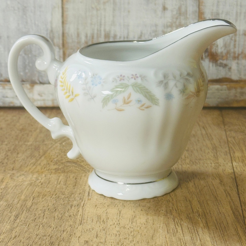 Fine China Japan Joanne 7006 Creamer Pitcher White Pastel Floral Silver Trim